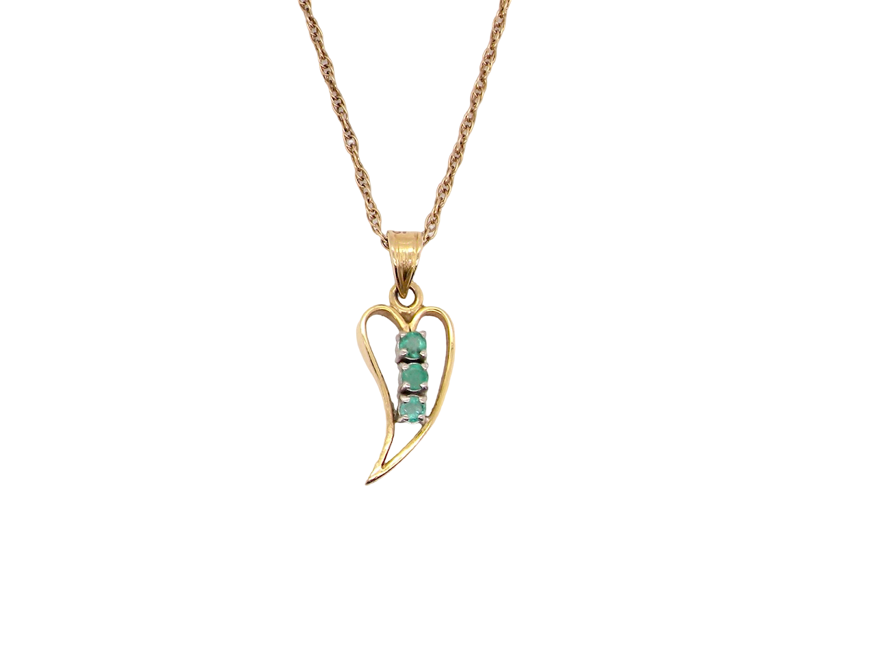 open-heart pendant, beautifully set with three emeralds,