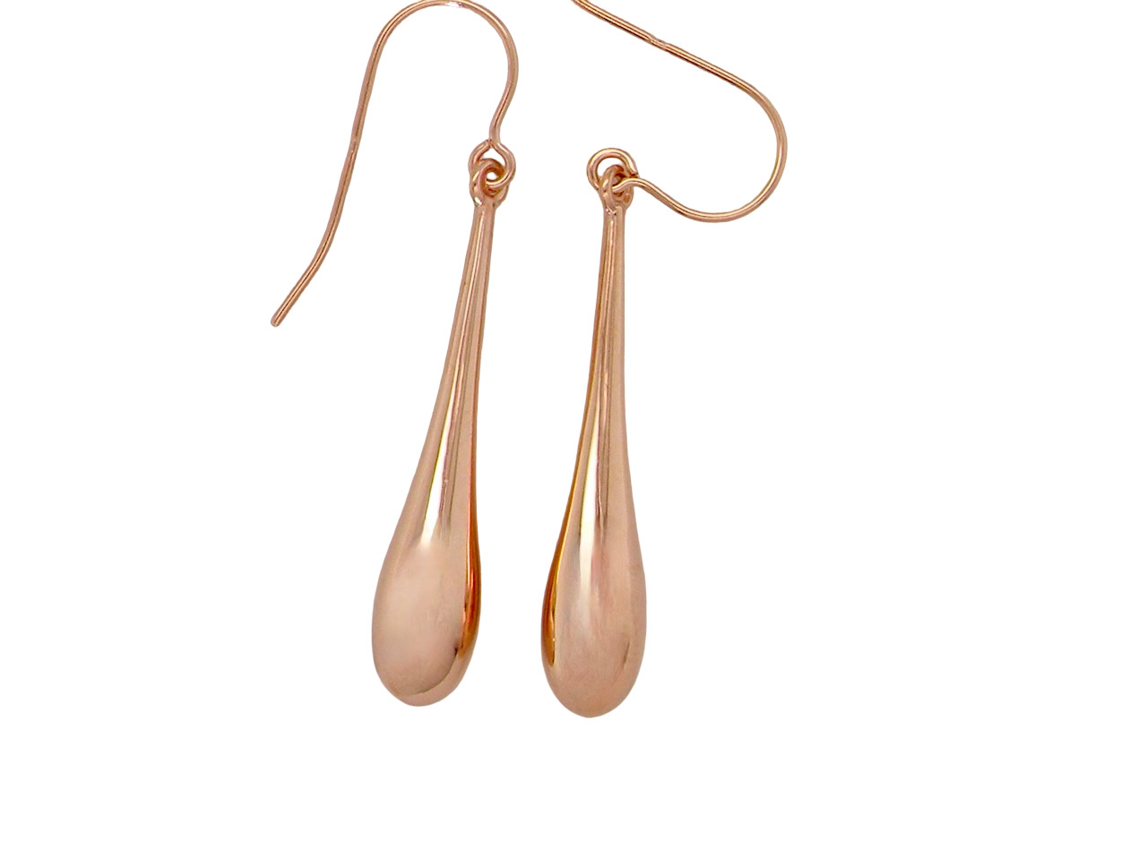 Rose gold teardrop earrings on a white background
