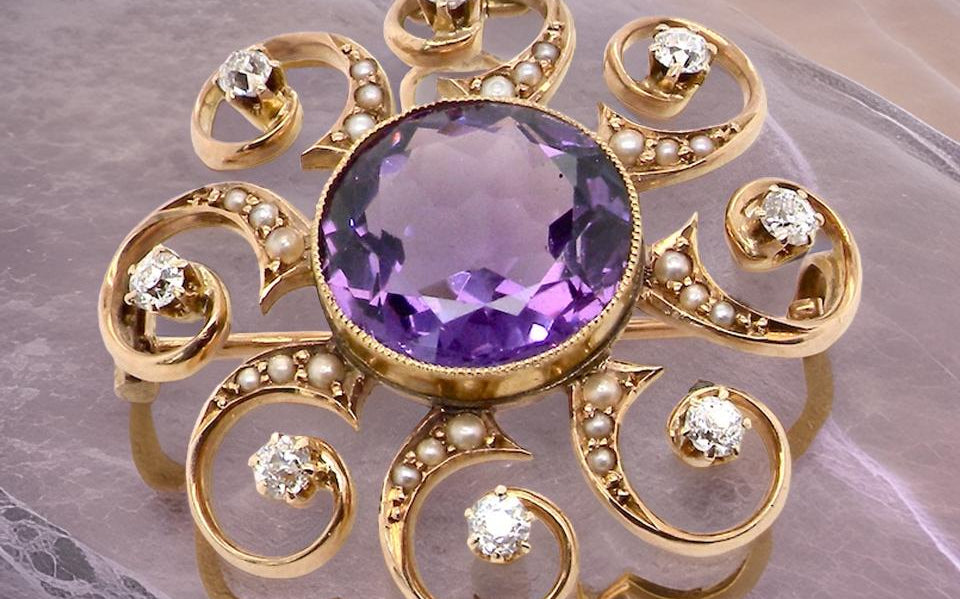 Antique Amethyst and Diamond Brooch