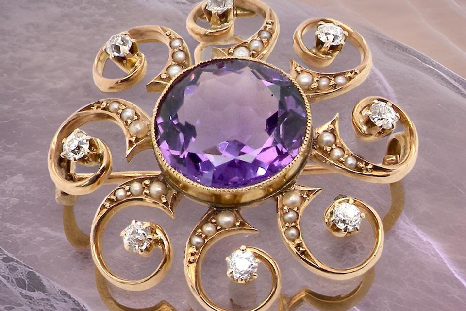 Antique Amethyst and Diamond Brooch