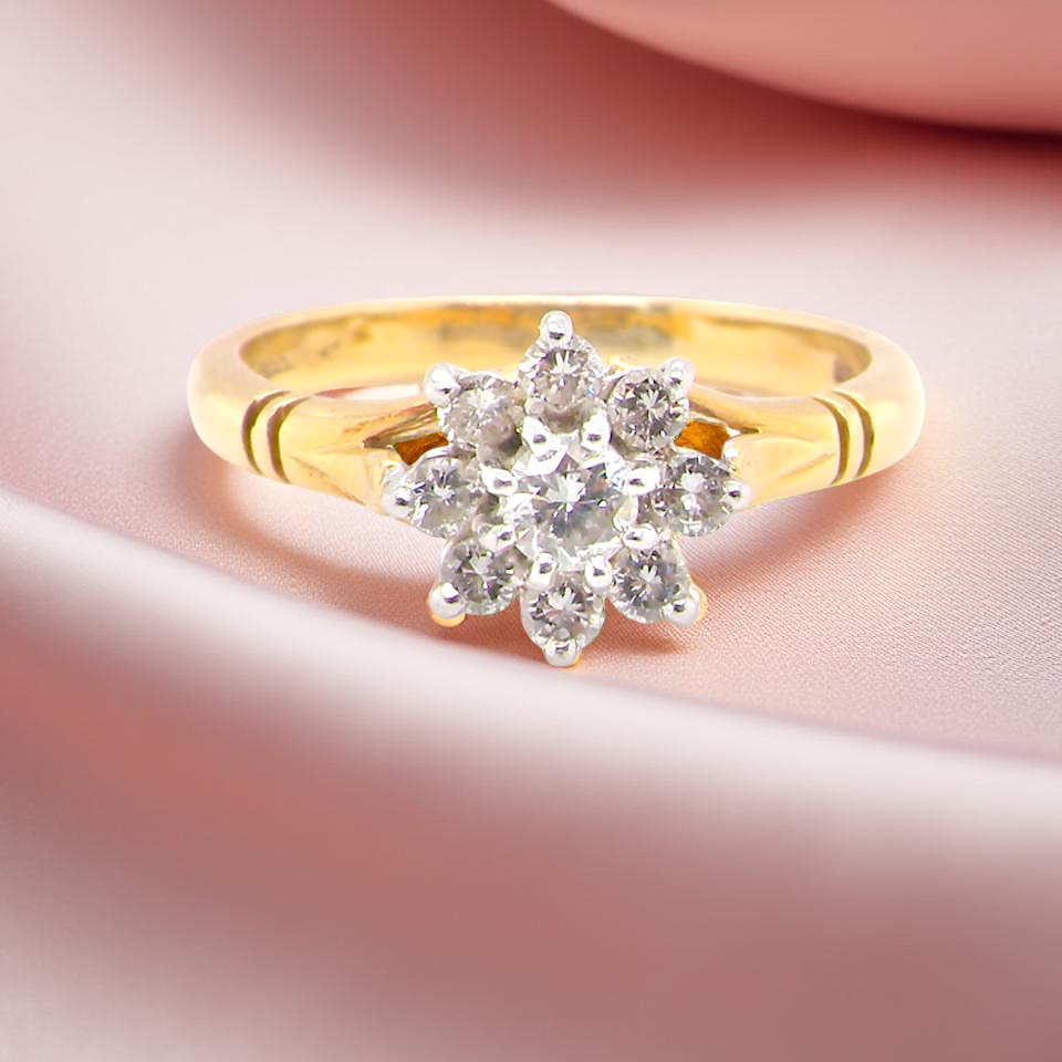 pretty cluster ring set with nine brilliant-cut white diamonds.
A