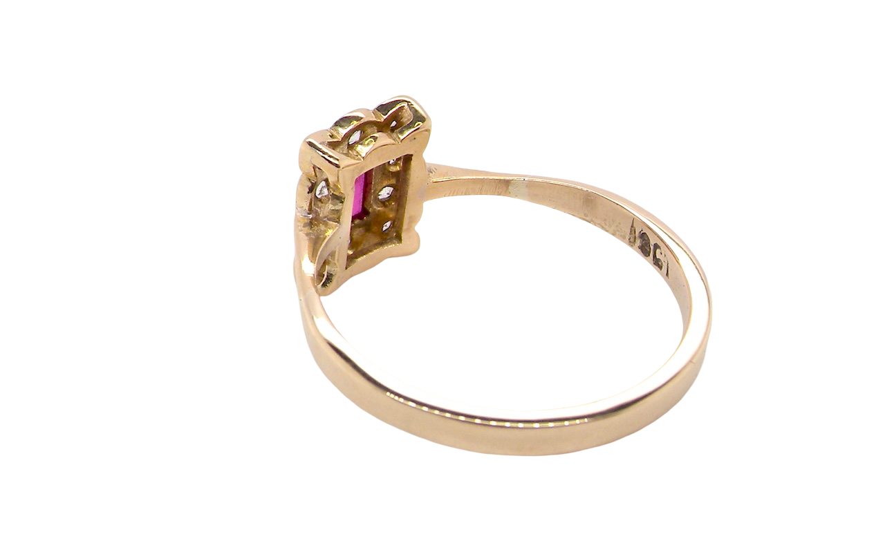 rear. Edwardian-era cluster ring ruby and diamond