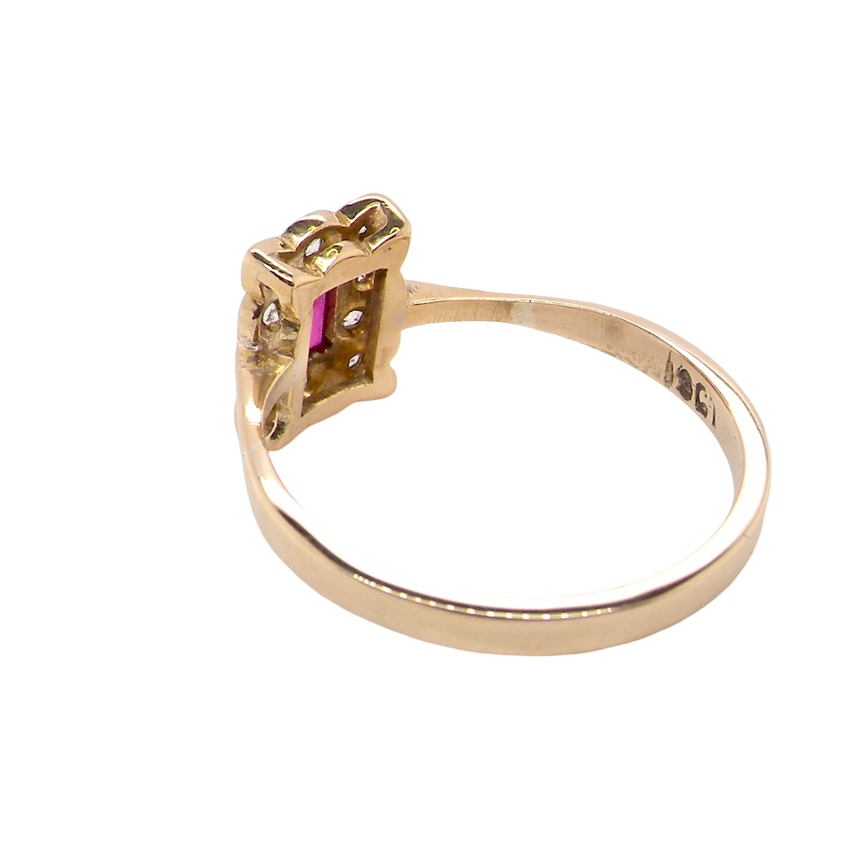 rear. Edwardian-era cluster ring ruby and diamond