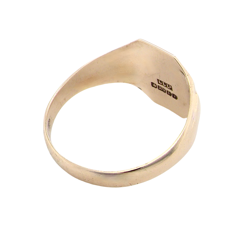 rear A 9 carat gold gentlemans signet ring. The head is eight sided, half hand engraved, measures 11.9x11.9mm, weight 2.3grams.