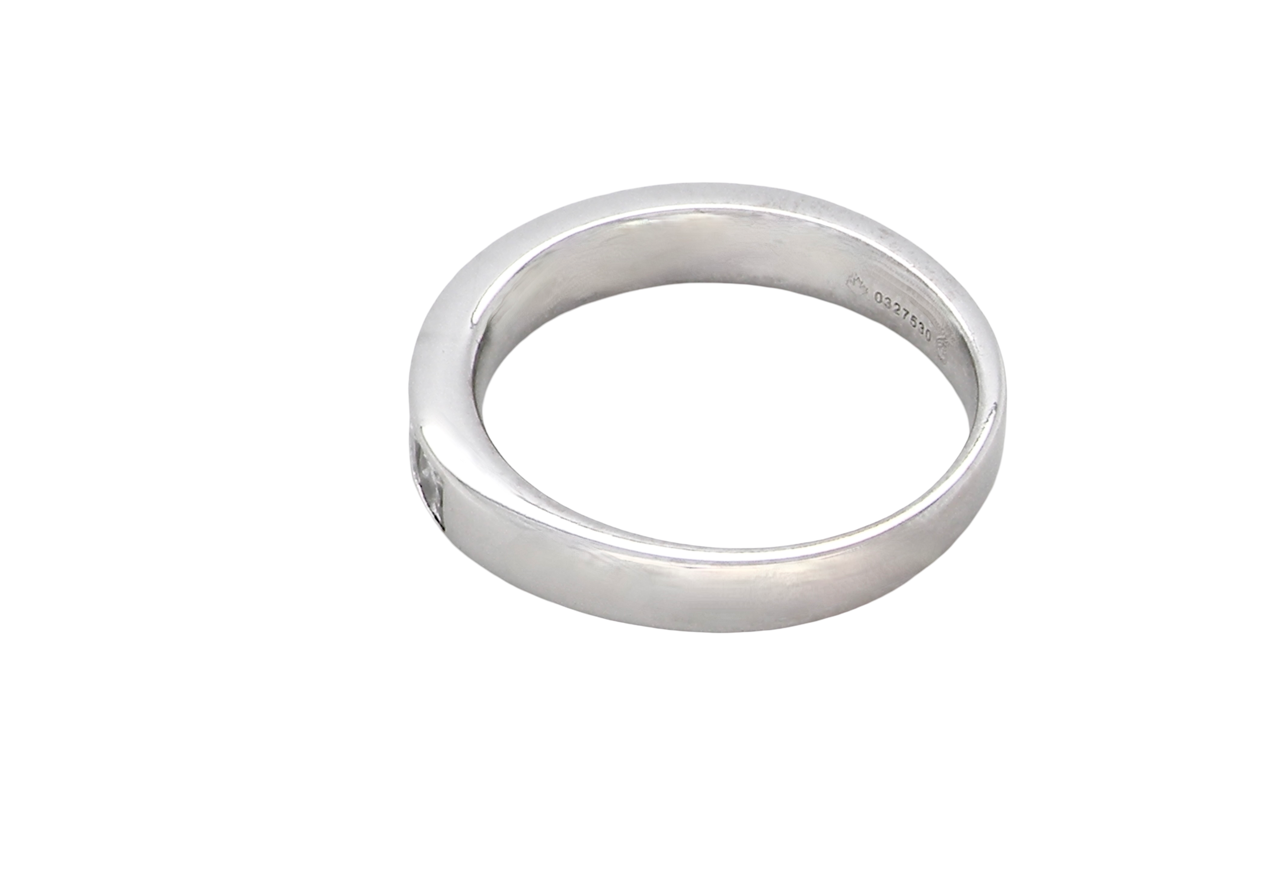rear A fine 18 carat white gold half hoop eternity ring. Set with ten princess cut white diamonds.
Close set, each 2.5x2.5mm, total one carat