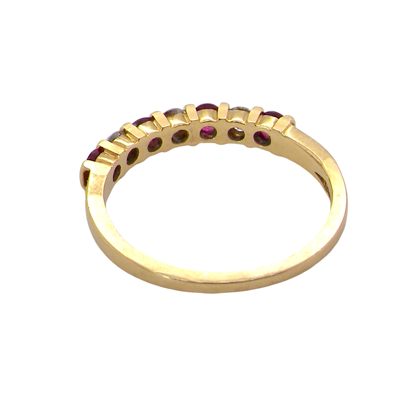 rear A half hoop 18 carat yellow gold eternity ring. Set with four bright red rubies, each 2.6mm (total carat weight 0.28 est)