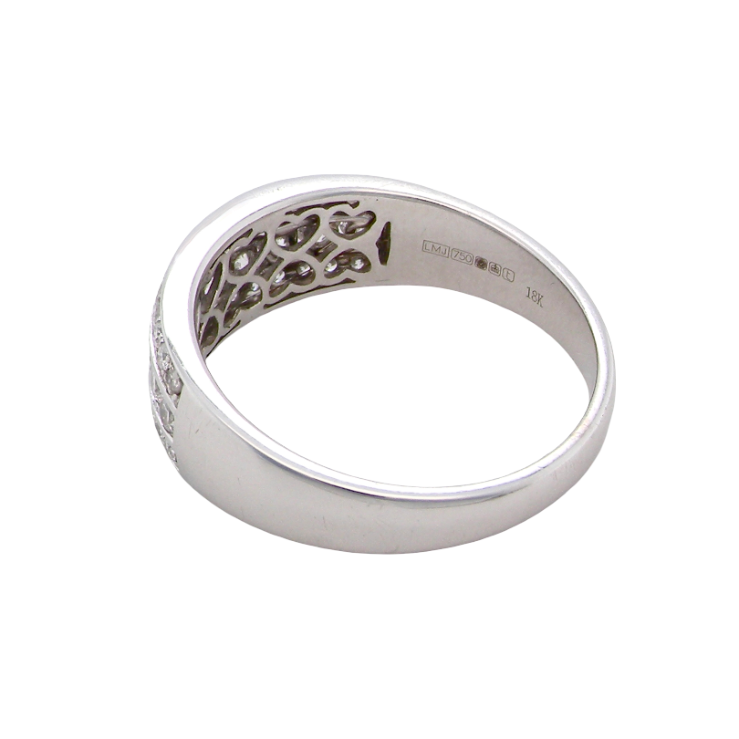 rear A lovely 18 carat white gold half hoop ring. Set with a middle row of nine bright white brilliant cut diamonds, graduate from 2.2mm to 2.6mm. The top and bottom rows are also set with small diamonds.