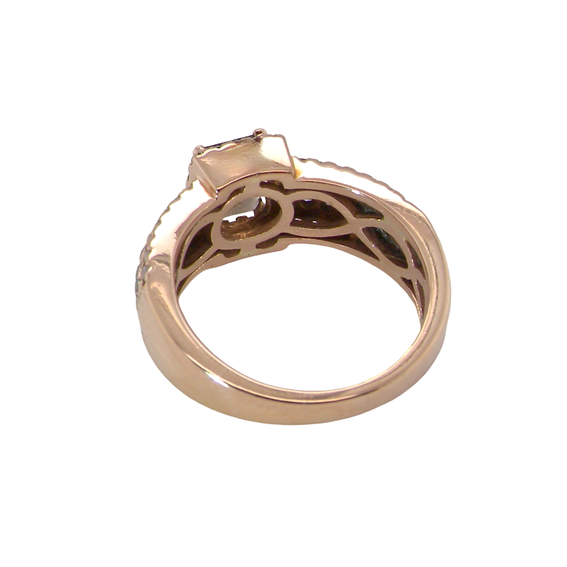 rear A stunning ring from the House of Le Vien. Crafted from 14ct Strawberry Gold, this Le Vian ring is characterised by a gallery of brown/white diamonds set into each shoulder