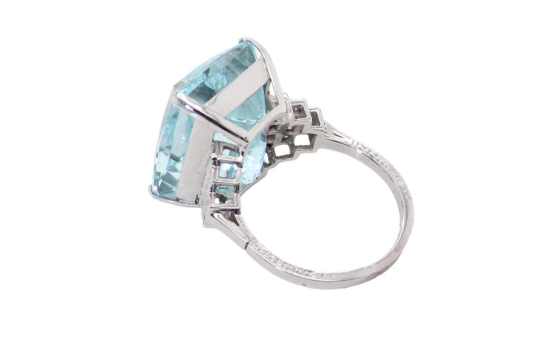 rear A truly spectacular vintage statement ring, centred with an impressive rectangular-cut aquamarine of exceptional proportions. Measuring approximately 18 x 13mm with a depth of 11mm, the aquamarine is estimated to weigh around 18 carats