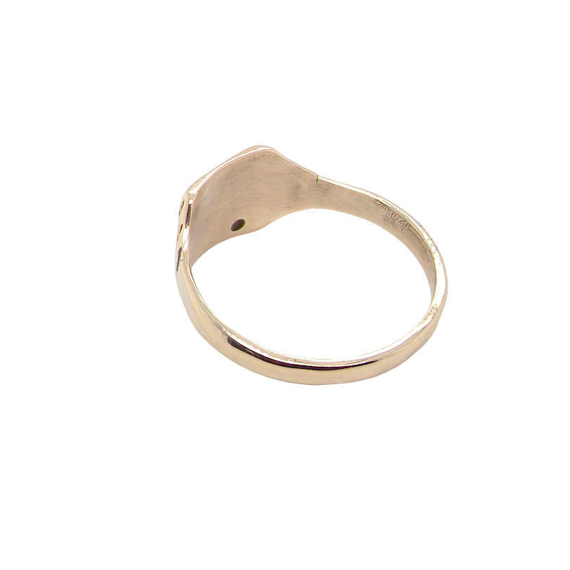 rear A unisex signet ring. Square head measures 8.5x8.5mm, sunray pattern and set with a 1mm diamond.