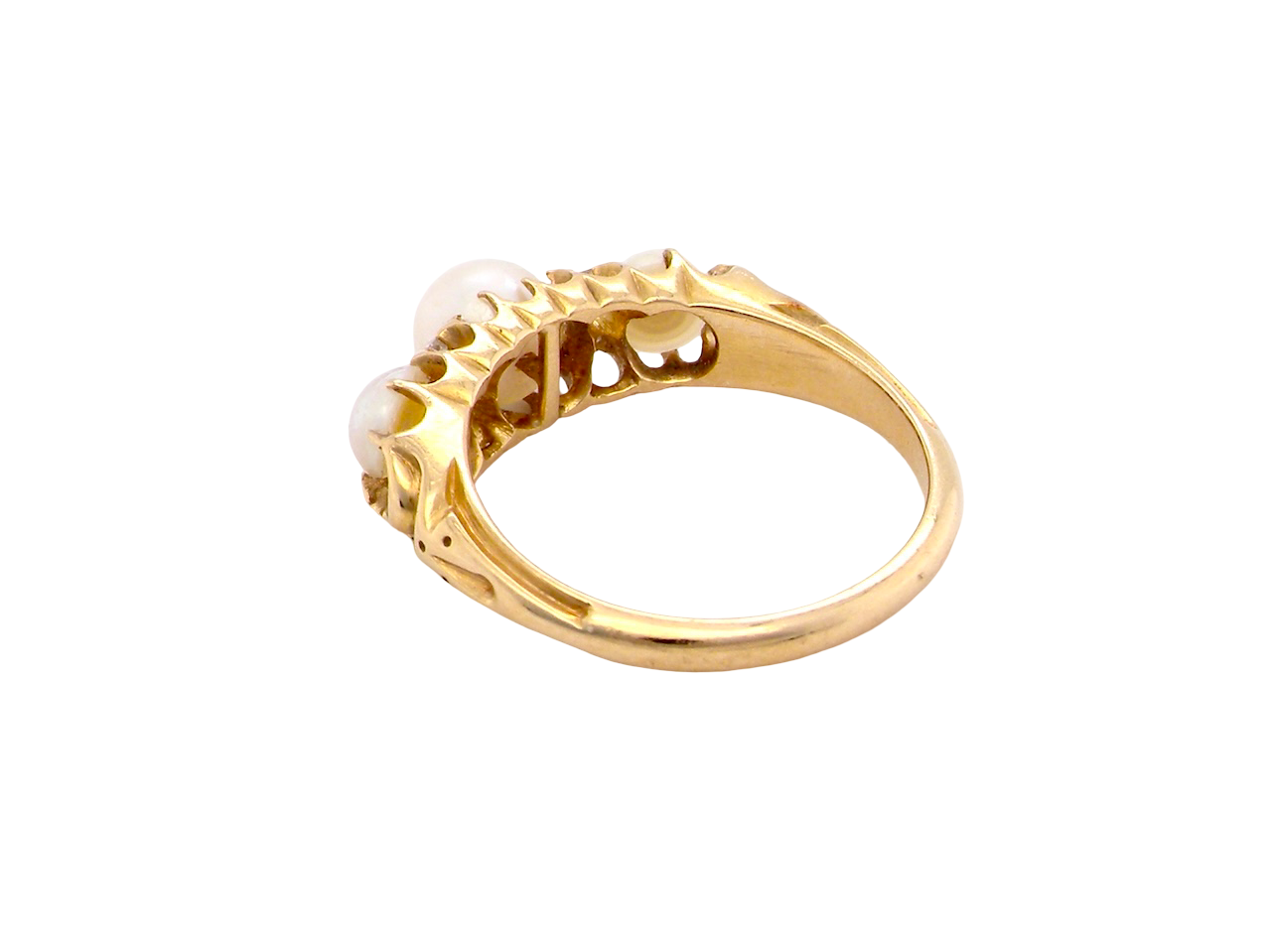rear An elegant Victorian 18 carat gold* dress ring, set with three cultured pearls