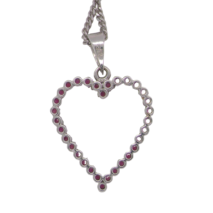 rear An elegant and beautifully crafted open heart pendant, set with a delightful arrangement of delicate pink sapphires, creating a charming and feminine design.
