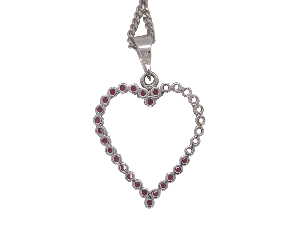 rear An elegant and beautifully crafted open heart pendant, set with a delightful arrangement of delicate pink sapphires, creating a charming and feminine design.