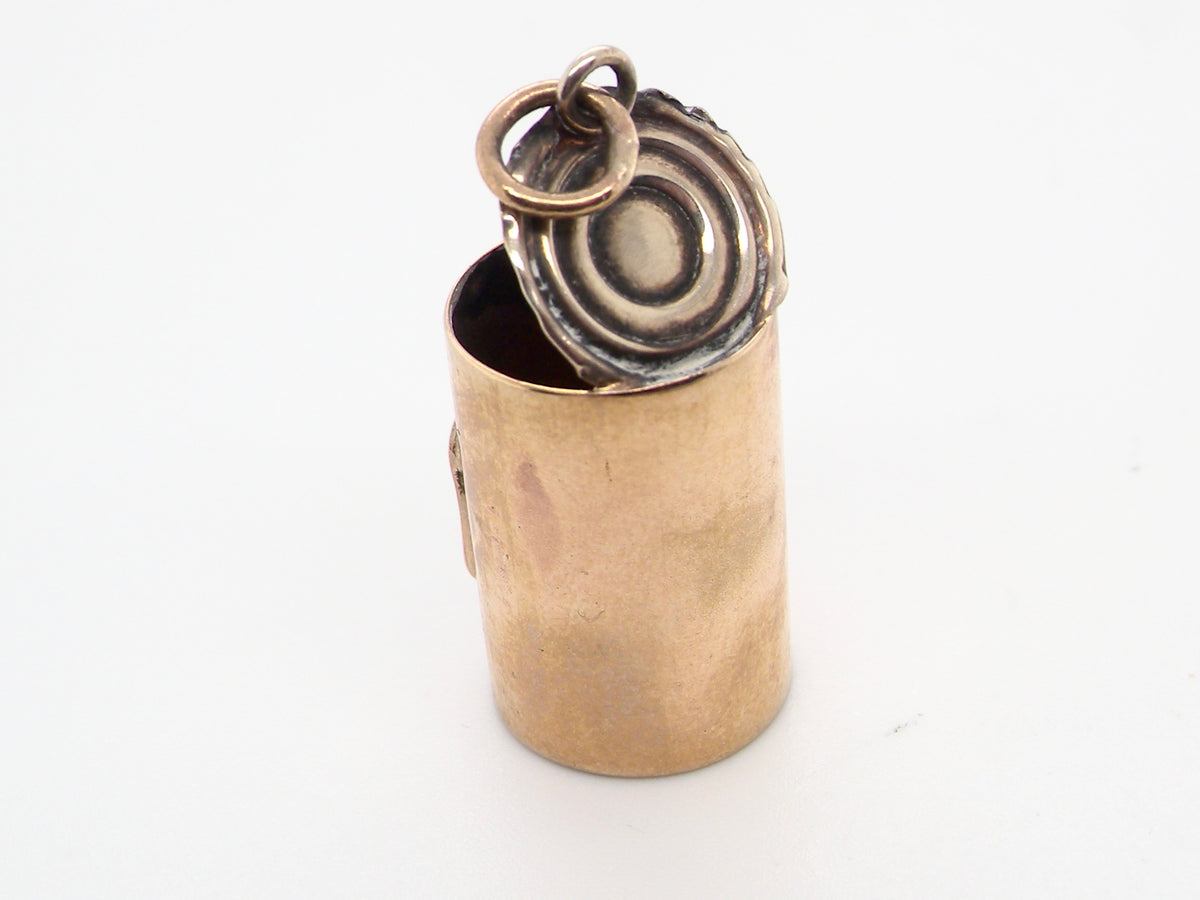 rear An unusual 9 carat gold charm . Shaped as a baked bean can,