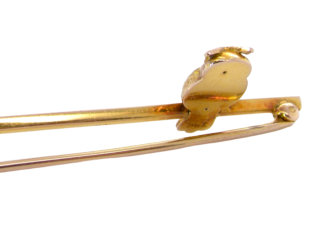 rear The sweetest of bar brooches. This example has an owl perched on the bar