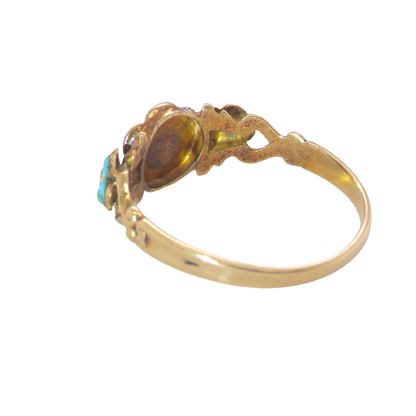 rear pretty Victorian dress ring. A daisy cluster design with an emerald centre stone, measures 1.8mm, surrounded by six tiny seed pearls, each 1.8mm