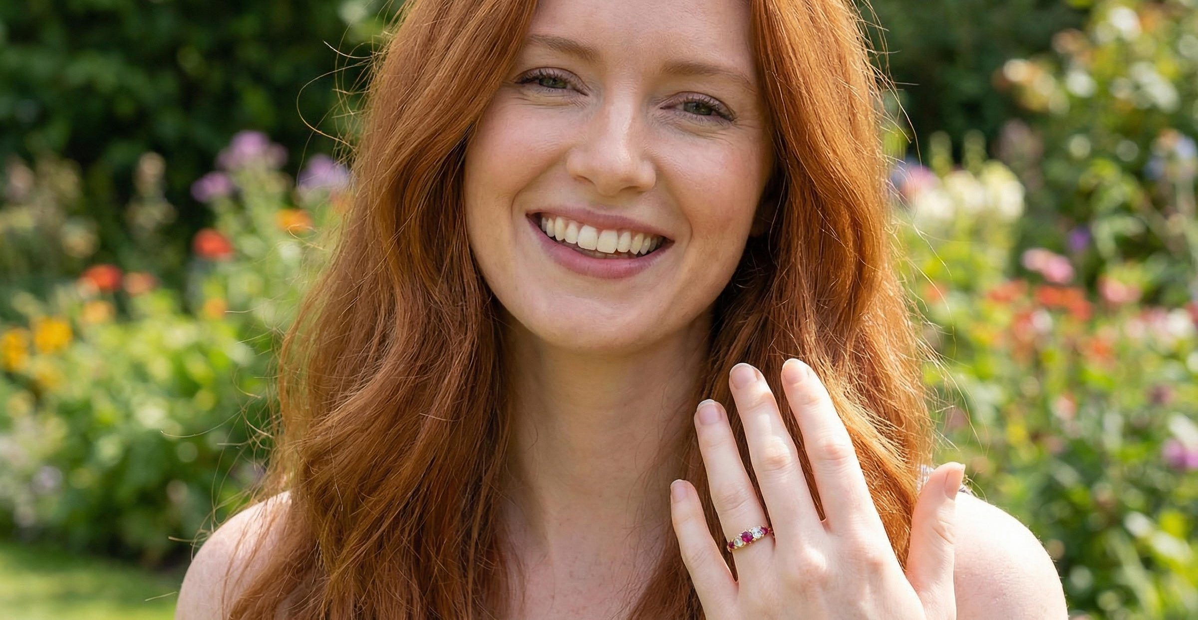 red head with A superb Victorian ring, carved boat shaped head. Set with three fine rubies ,