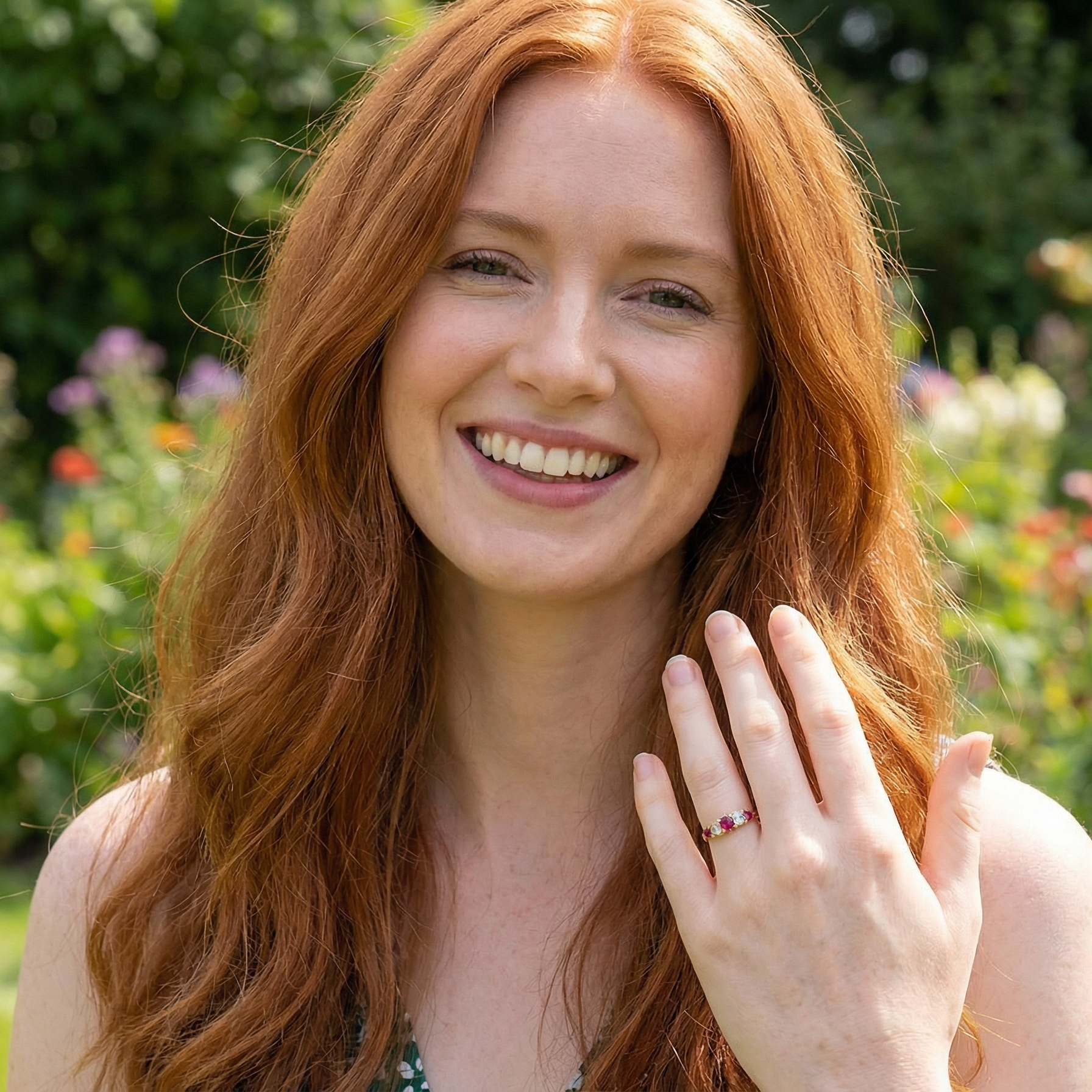 red head with A superb Victorian ring, carved boat shaped head. Set with three fine rubies ,