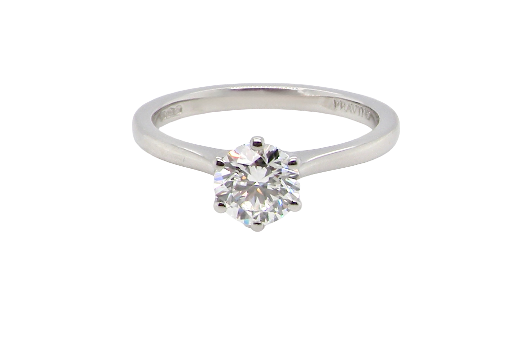ring is set with a superb GIA-certified brilliant-cut diamond, certificate no. 1383174901, weighing 0.70 carat. The diamond is of exceptional quality, graded D colour and VVS1 clarity, with excellent cut and polish . Measurements: 5.48 x 5.67mm.