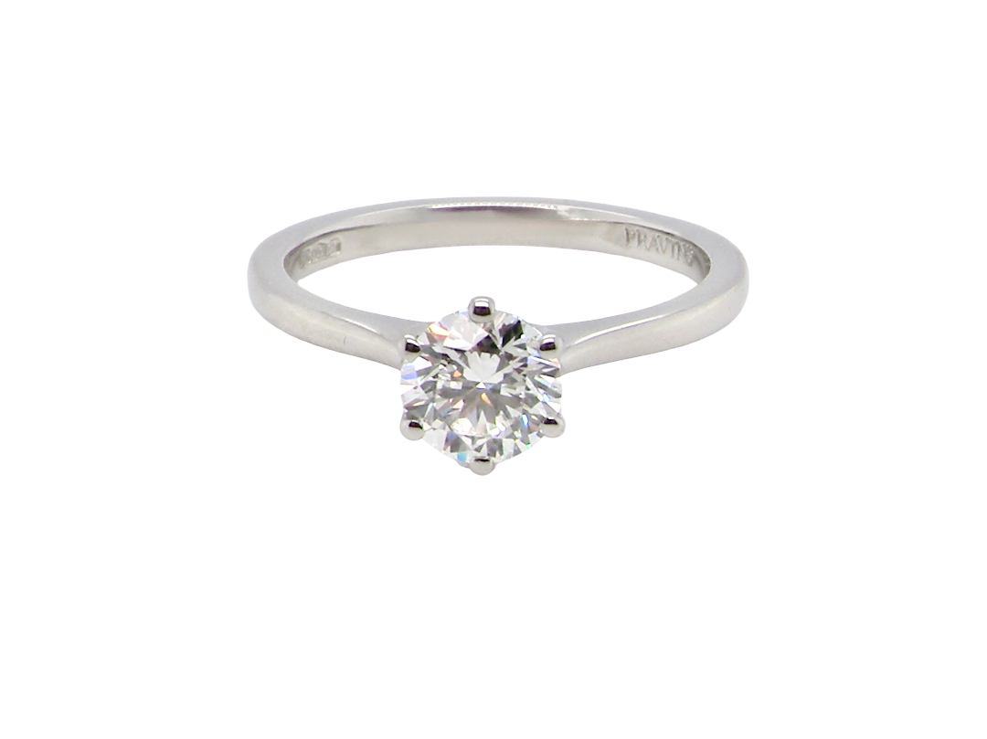 ring is set with a superb GIA-certified brilliant-cut diamond, certificate no. 1383174901, weighing 0.70 carat. The diamond is of exceptional quality, graded D colour and VVS1 clarity, with excellent cut and polish . Measurements: 5.48 x 5.67mm.