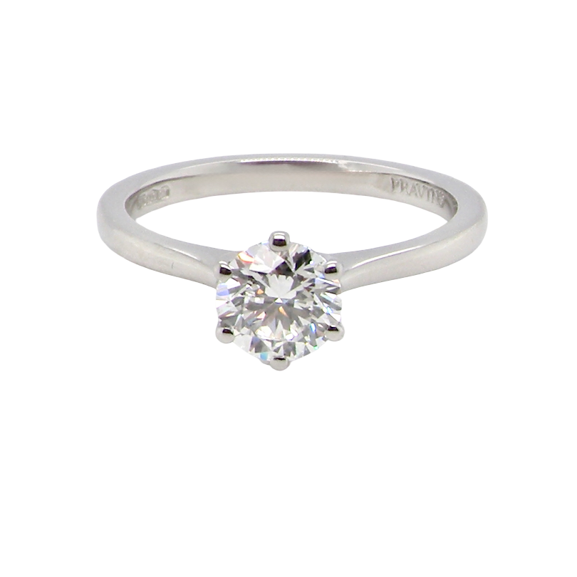 ring is set with a superb GIA-certified brilliant-cut diamond, certificate no. 1383174901, weighing 0.70 carat. The diamond is of exceptional quality, graded D colour and VVS1 clarity, with excellent cut and polish . Measurements: 5.48 x 5.67mm.