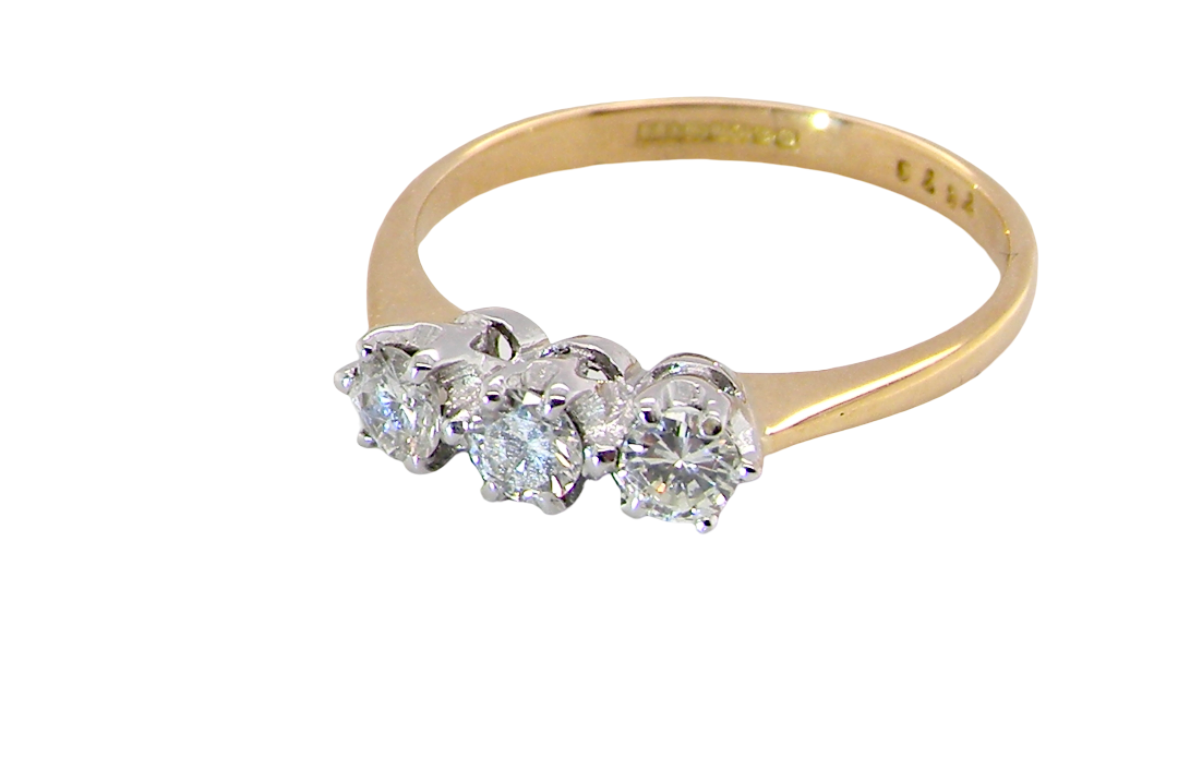 ring is set with three brilliant cut white diamonds, each 3mm diameter. (total estimated at 0.30 carats) Colour h-j, Claw set head, white gold,