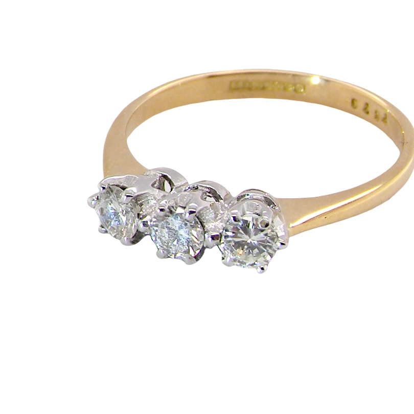ring is set with three brilliant cut white diamonds, each 3mm diameter. (total estimated at 0.30 carats) Colour h-j, Claw set head, white gold,