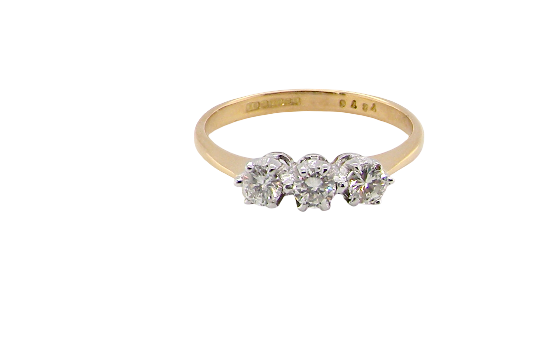 ring is set with three brilliant cut white diamonds, each 3mm diameter. (total estimated at 0.30 carats) Colour h-j, clarity Si. Claw set head, white gold,