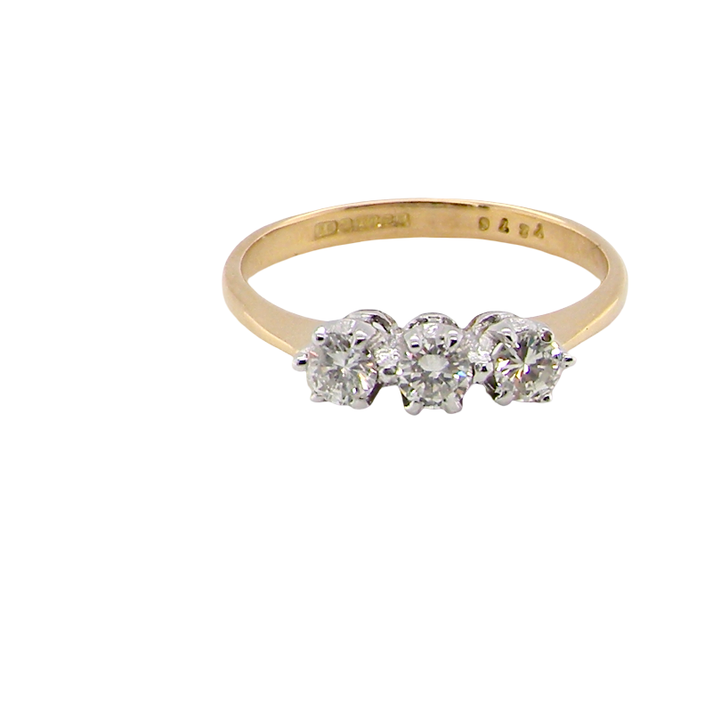 ring is set with three brilliant cut white diamonds, each 3mm diameter. (total estimated at 0.30 carats) Colour h-j, clarity Si. Claw set head, white gold,