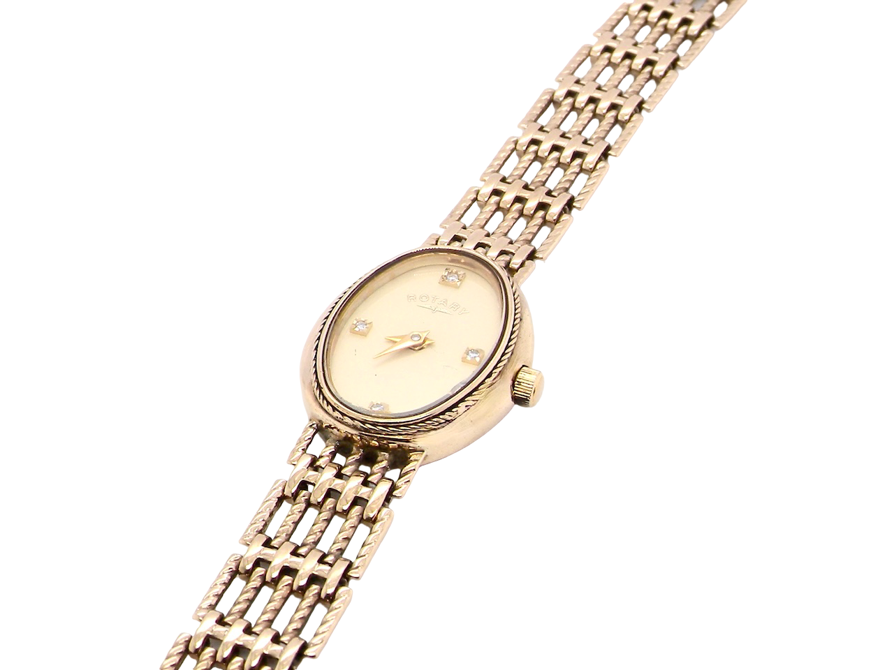 side A 9 carat gold wrist watch by Rotary. Oval dial with a diamond dot at the 12. Champagne coloured dial.