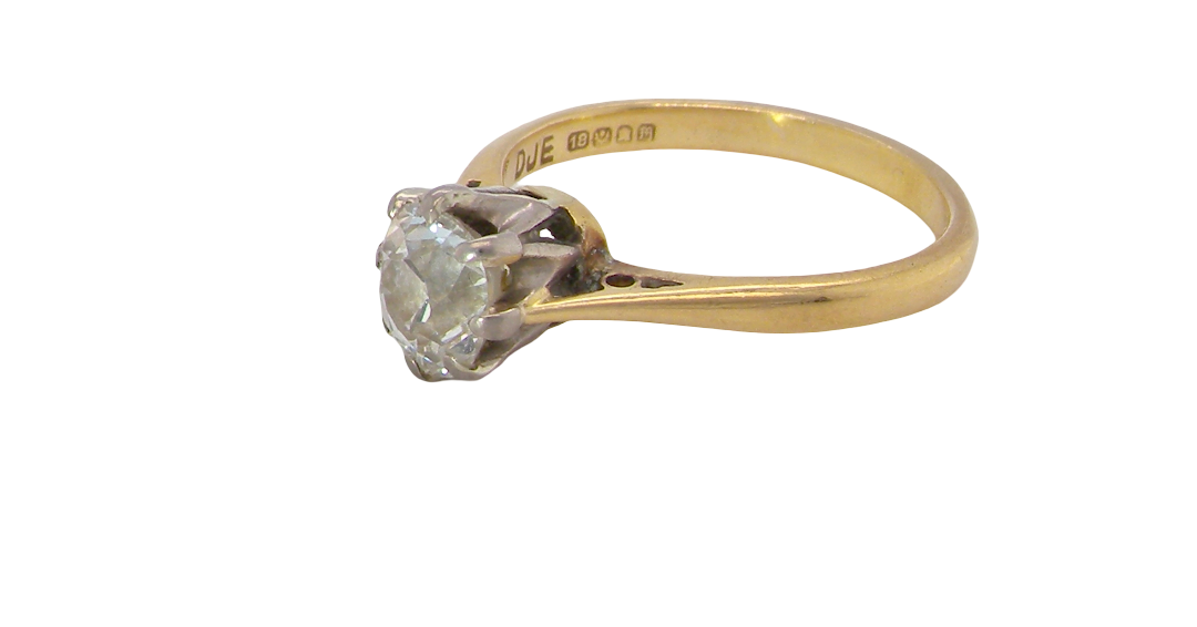 side A beautiful vintage diamond solitaire ring featuring an old brilliant cut white diamond measuring approximately 6mm, estimated at 0.75 carats. The diamond displays attractive sparkle with an assessed colour of I–J and clarity of SI.