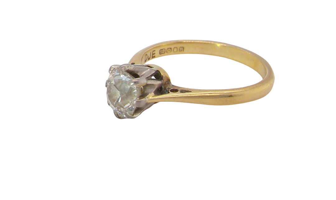 side A beautiful vintage diamond solitaire ring featuring an old brilliant cut white diamond measuring approximately 6mm, estimated at 0.75 carats. The diamond displays attractive sparkle with an assessed colour of I–J and clarity of SI.