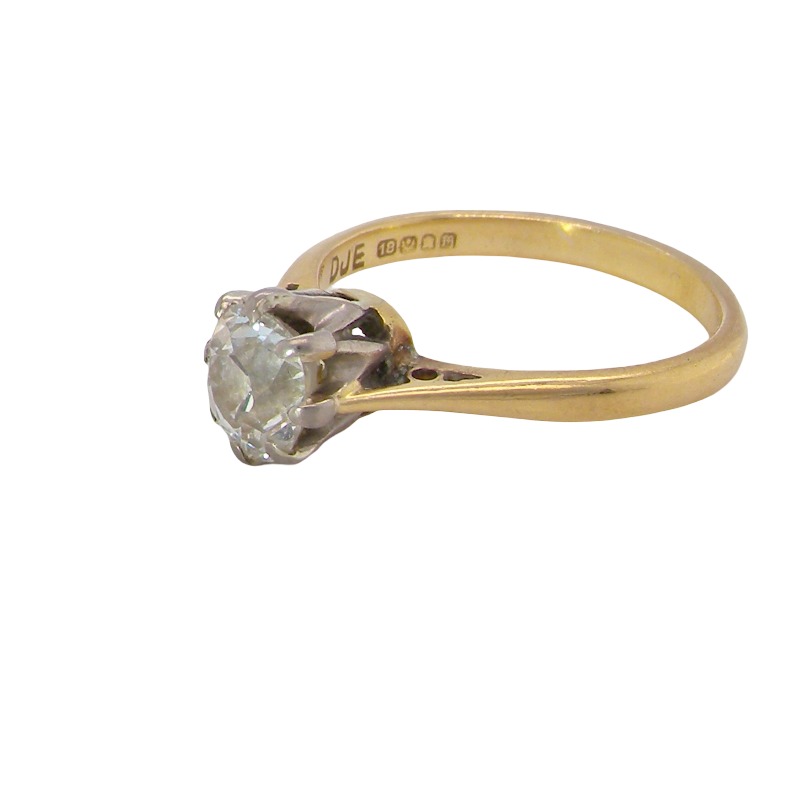 side A beautiful vintage diamond solitaire ring featuring an old brilliant cut white diamond measuring approximately 6mm, estimated at 0.75 carats. The diamond displays attractive sparkle with an assessed colour of I–J and clarity of SI.