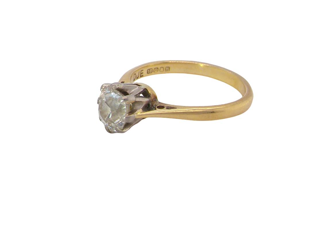 side A beautiful vintage diamond solitaire ring featuring an old brilliant cut white diamond measuring approximately 6mm, estimated at 0.75 carats. The diamond displays attractive sparkle with an assessed colour of I–J and clarity of SI.