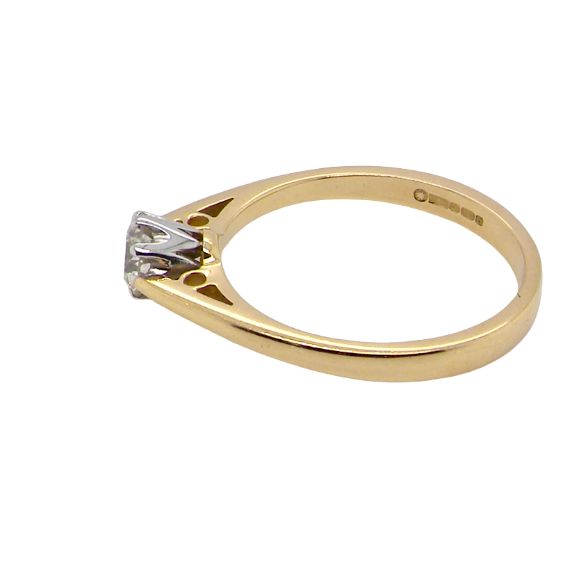 side A classic solitaire ring. Features a single brilliant cut white diamond, measures 5mm (est 0.50 carats) Colour H-j, clarity Si.
Head is claw set, platinum, head 5.2mm, depth 5.4mm, weight 2.9 grams. 