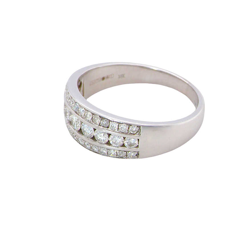side A lovely 18 carat white gold half hoop ring. Set with a middle row of nine bright white brilliant cut diamonds, graduate from 2.2mm to 2.6mm. The top and bottom rows are also set with small diamonds.