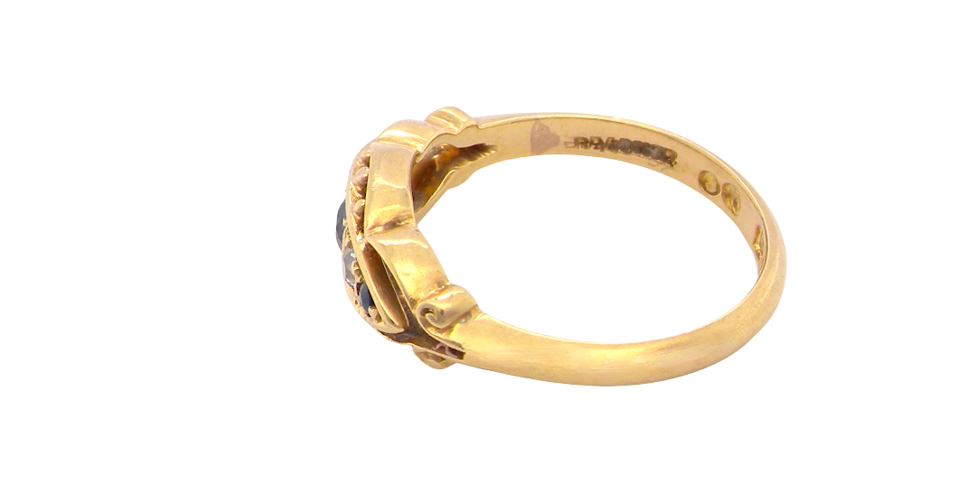 side A lovely antique ring from the Edwardian period. Hallmarked in Chester in 1909 this ring typical for the period is set with sapphires and diamonds.