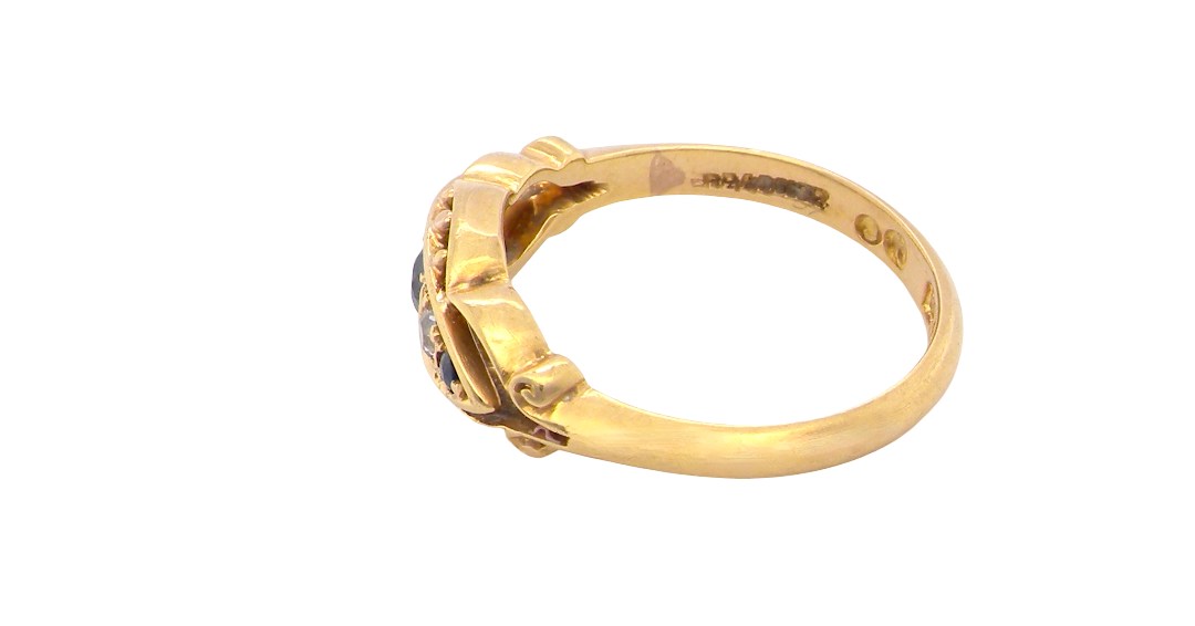 side A lovely antique ring from the Edwardian period. Hallmarked in Chester in 1909 this ring typical for the period is set with sapphires and diamonds.