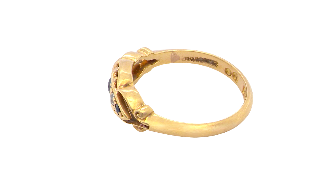 side A lovely antique ring from the Edwardian period. Hallmarked in Chester in 1909 this ring typical for the period is set with sapphires and diamonds.