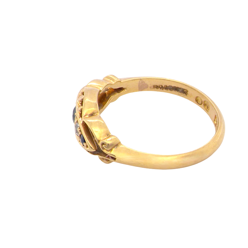 side A lovely antique ring from the Edwardian period. Hallmarked in Chester in 1909 this ring typical for the period is set with sapphires and diamonds.