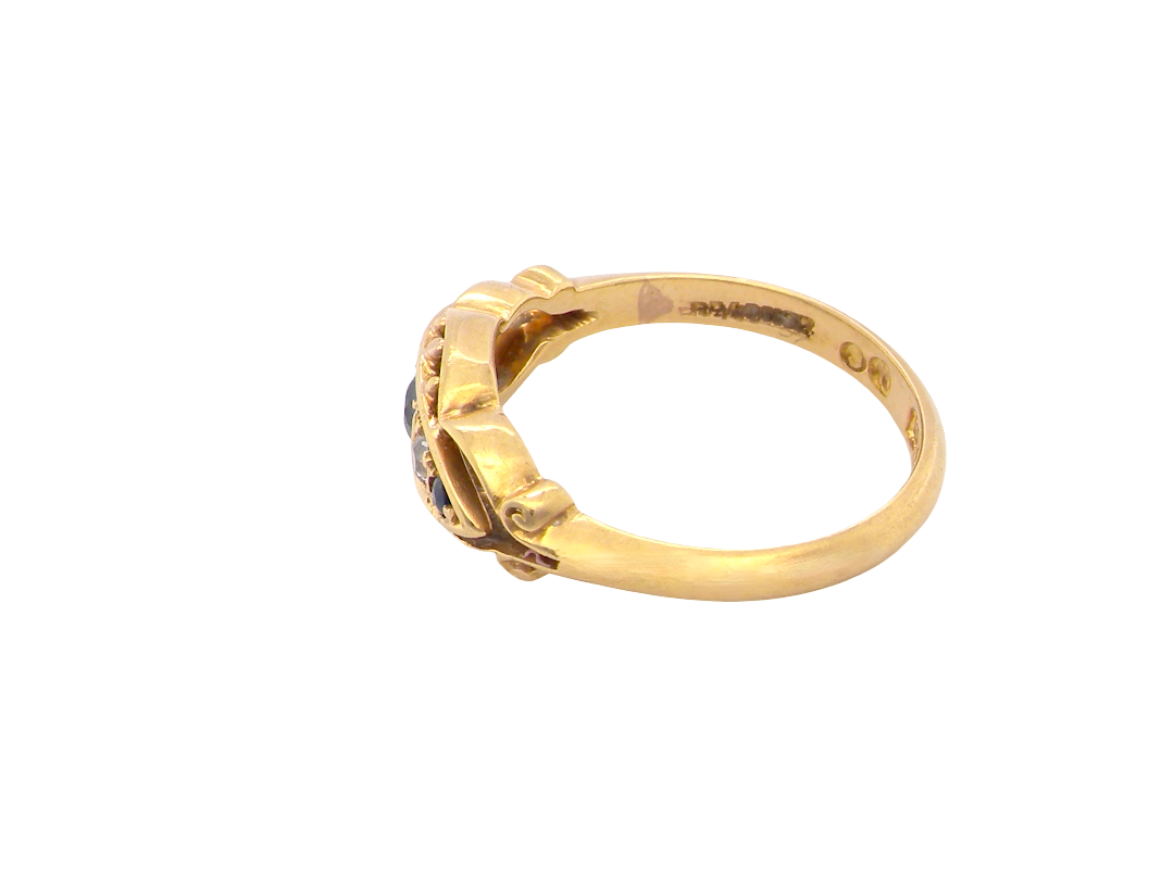 side A lovely antique ring from the Edwardian period. Hallmarked in Chester in 1909 this ring typical for the period is set with sapphires and diamonds.