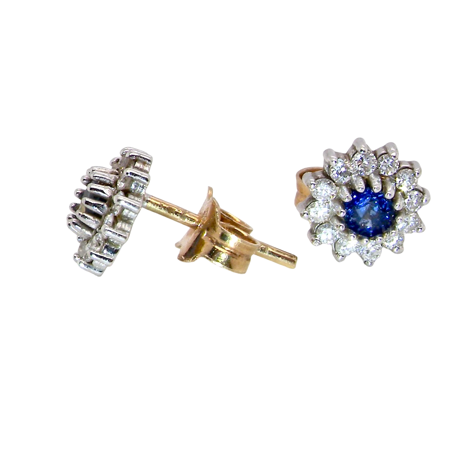 side A pair of 9 carat gold earrings, each set with a sapphire centre stone,