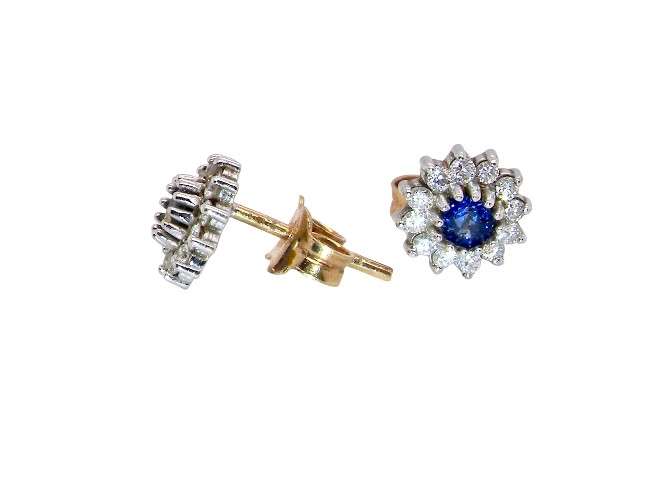side A pair of 9 carat gold earrings, each set with a sapphire centre stone,