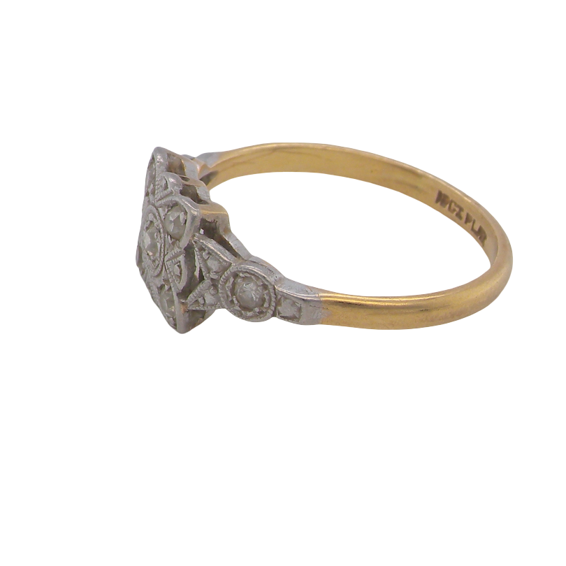 side A pretty diamond cluster ring from the early part of the 20th century. A square head that has within it small white diamonds, measures 8x8mm, fancy shoulders also set with tiny diamonds.