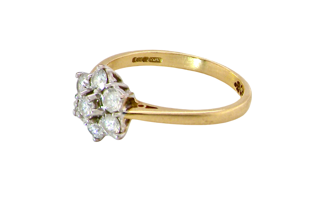 side A small cluster ring set with seven bright white brilliant cut white diamonds.
Head measures 8.5mm, each diamond measures 2.8mm (total 0.50 carats