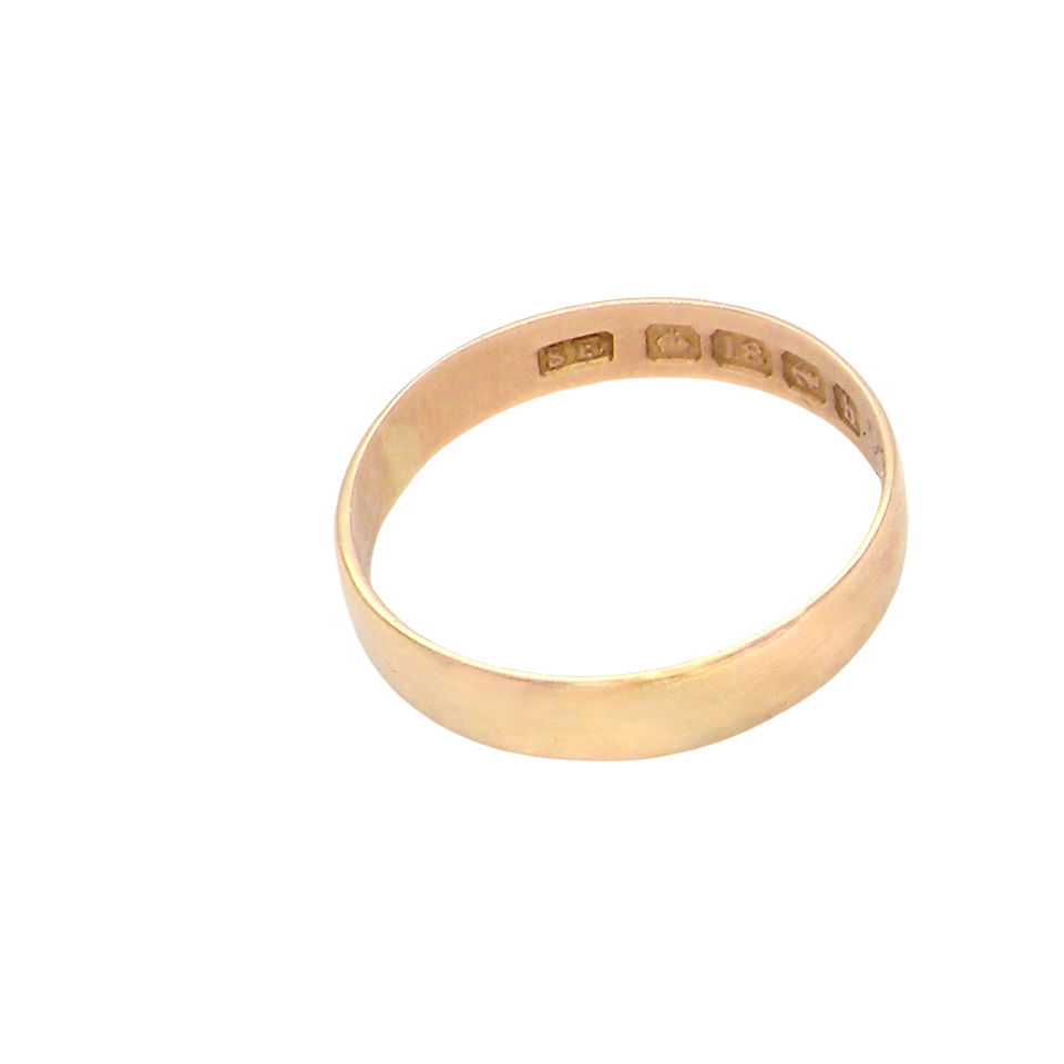 side A traditional 18 carat gold wedding ring.
A flat to a slight D shape profile, width 3.6mm. Weight 2.2grams.