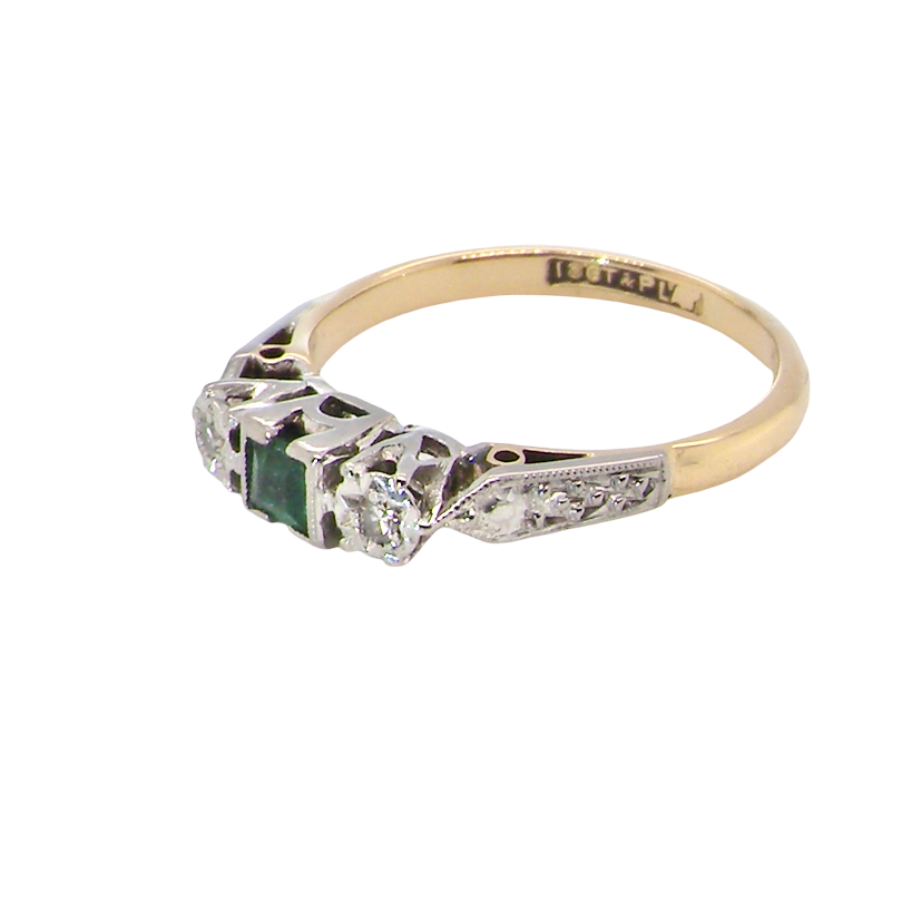 side A vintage mid century ring. Centre stone a square emerald 3x3mm (0.15 carats est), rim setting.