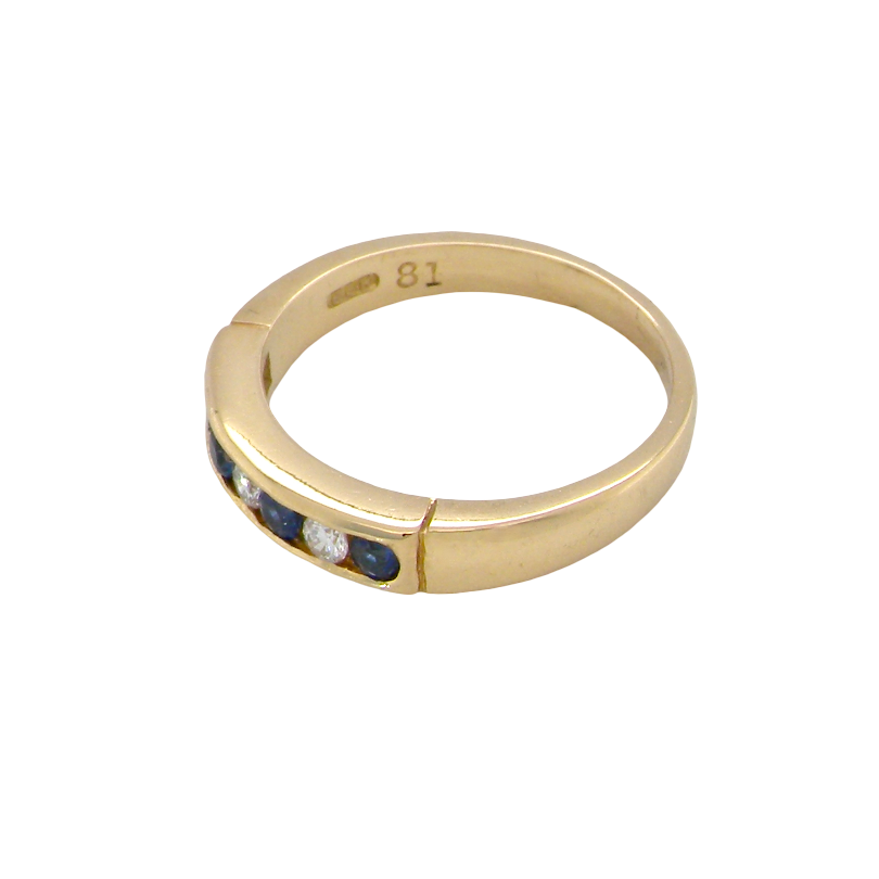 side An 18 carat gold half hoop eternity ring.
Features four round sapphires , each 2.4mm,
