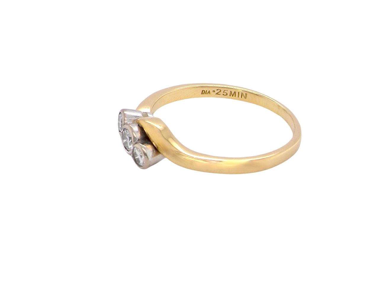 side An 18 carat yellow gold three stone ring, cross over style, and set with brilliant cut white diamonds.
Centre stone 3mm (0.10 carats)