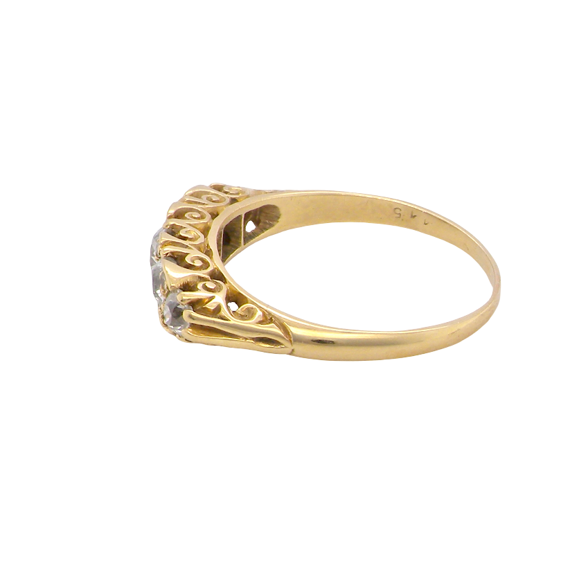 side An antique boat shaped five stone ring. Set with five old cut white diamonds. Centre 5mm (0.45-0.50 carats) each side a 4mm stone, at each end a 2.4mm stone. Total diamond content estimated at one carat.